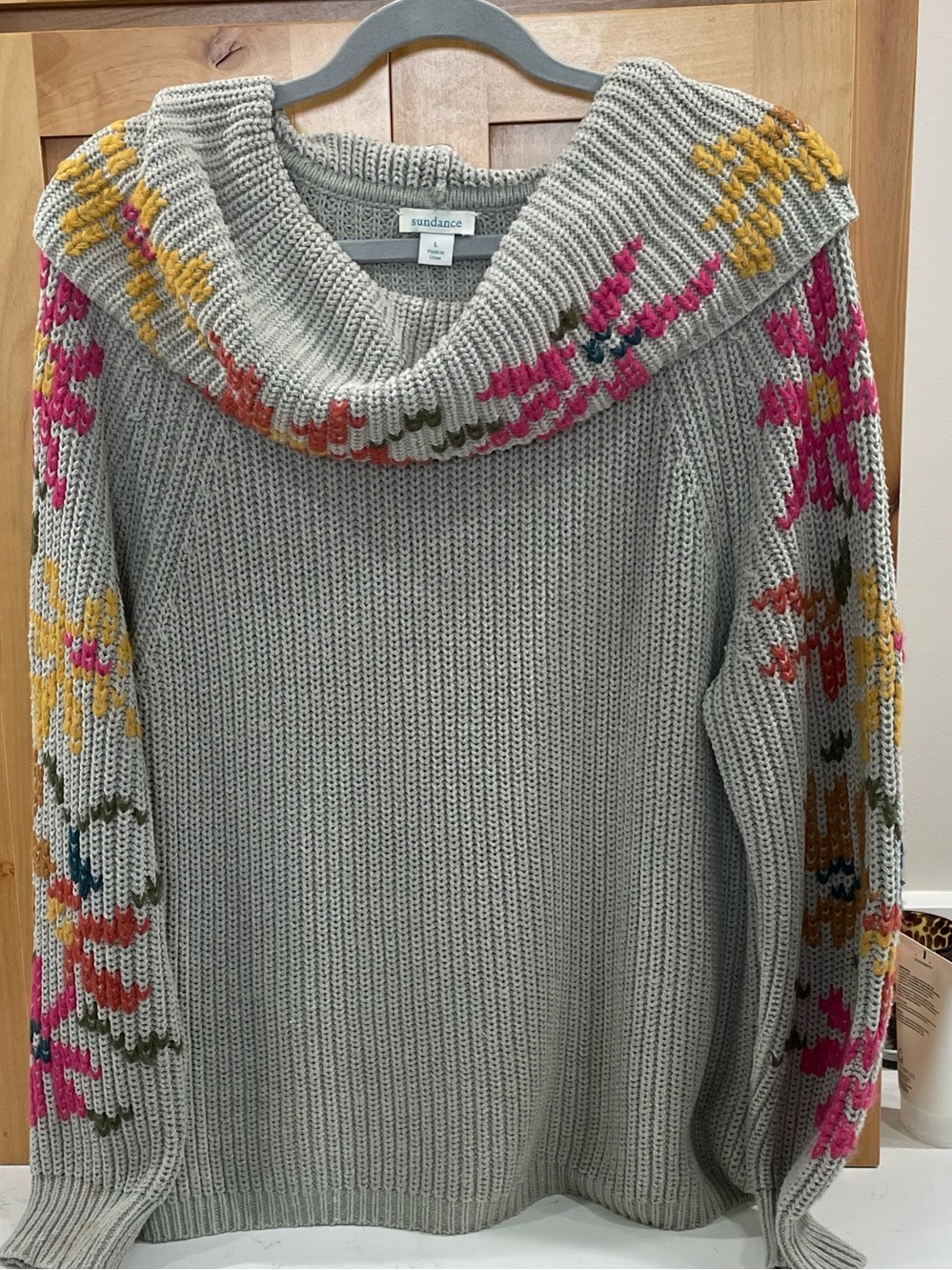 Sundance Gray Cowl Neck Sweater with Floral Intarsia